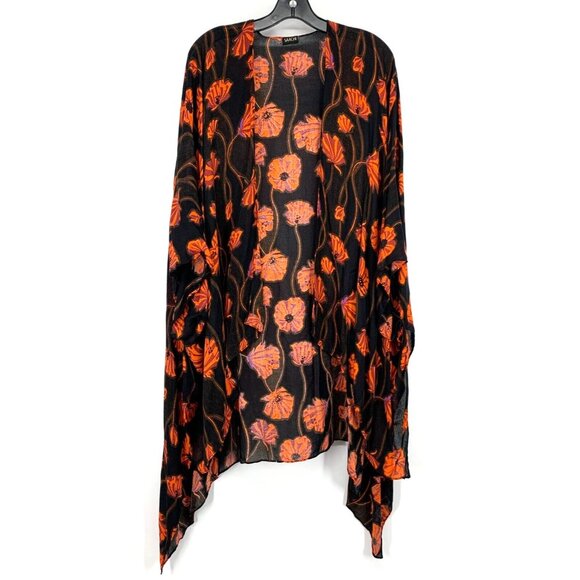 Saachi Kimono Black Poppy Field Floral Print Open Front Flowy - Picture 2 of 9